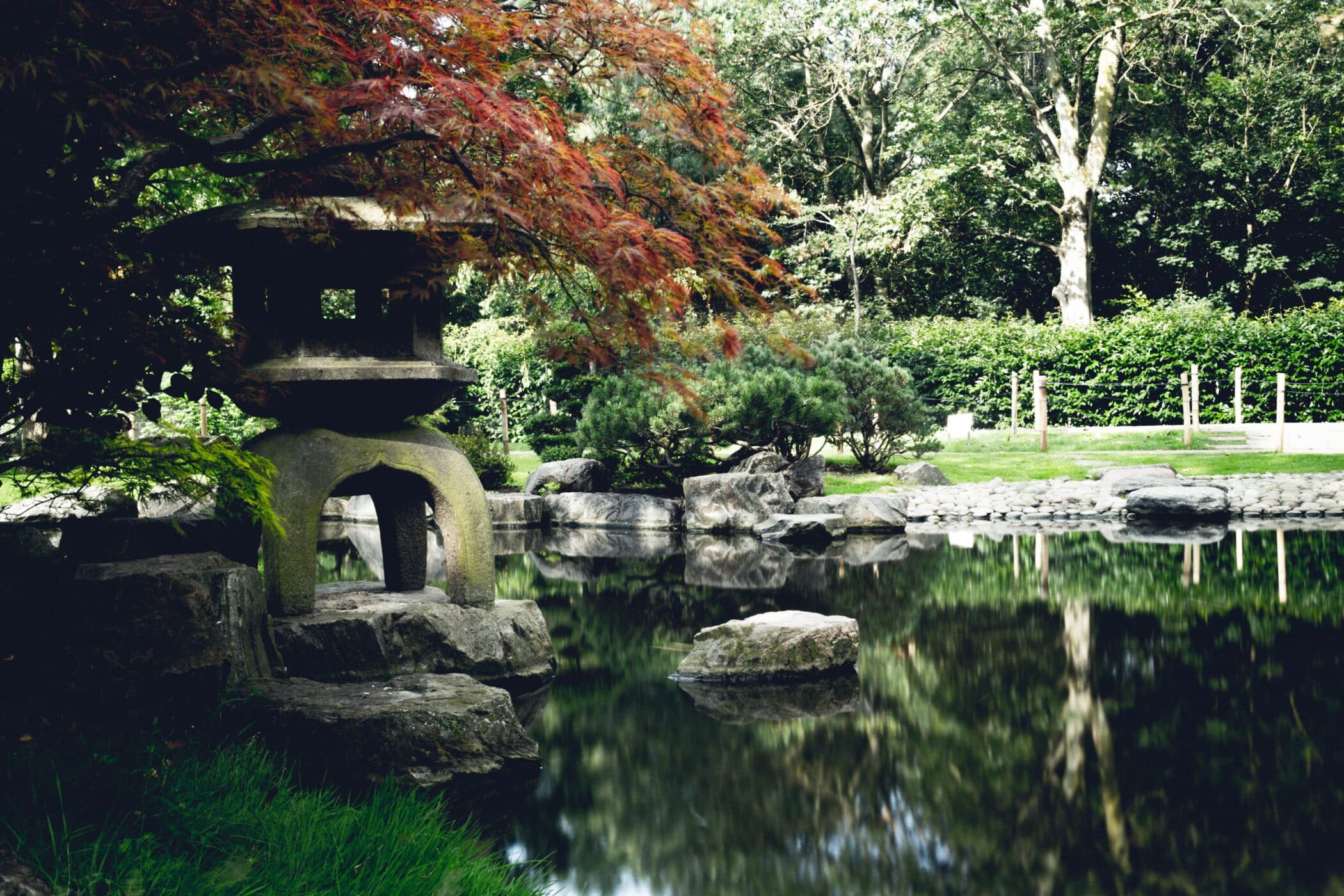Kyoto Gardens at Holland Park, acer trees and a shrine next to a lake